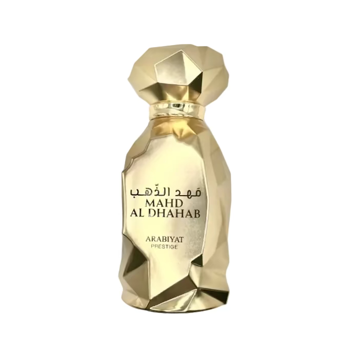 Gold perfume bottle labeled 'MAHD AL DHAHAB' by ARABIYAT on a white background
