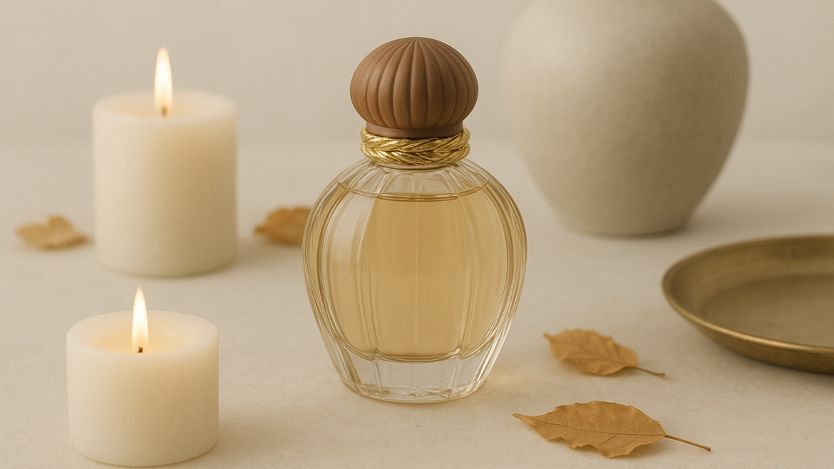 Perfume bottle with wooden cap next to two lit candles and a ceramic vase on a neutral background