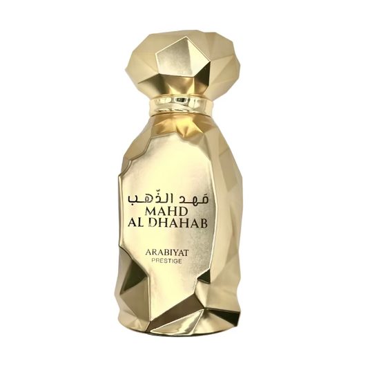 Gold perfume bottle labeled 'MAHD AL DHAHAB' by ARABIYAT on a white background