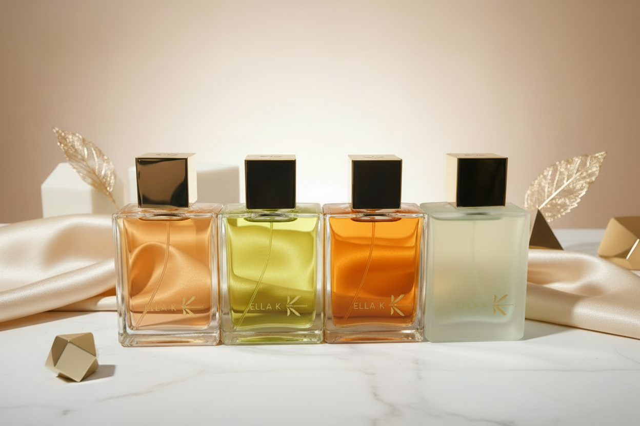 Four Ella K perfume bottles on a marble surface with a beige background.