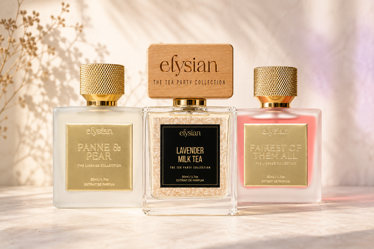 Elysian Parfum Lavender Milk Tea, Panne & Pear and Fairest of Them All perfume bottles