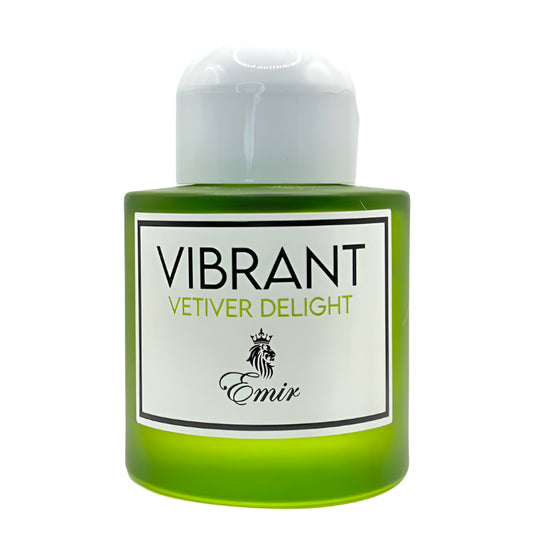 Green bottle labeled 'Vibrant Vetiver Delight' 