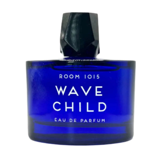 Blue perfume bottle labeled 'Room 1015 Wave Child' 